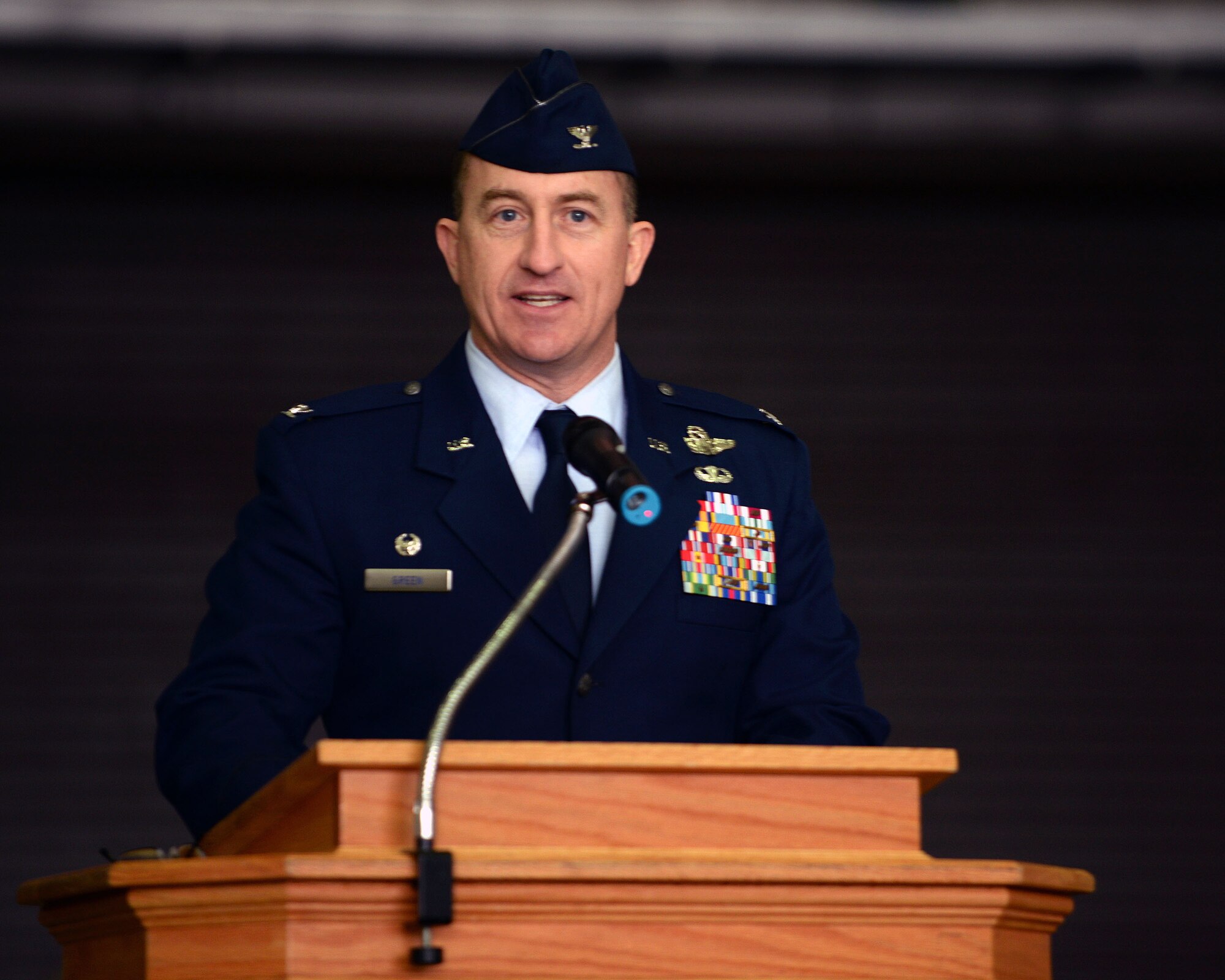 U.S. Air Force Col. Nathan Green, 752nd Special Operations Group commander, speaks during the 352nd Special Operations Wing activation ceremony March 23, 2015, on RAF Mildenhall, England. (U.S. Air Force photo by Senior Airman Christine Griffiths)