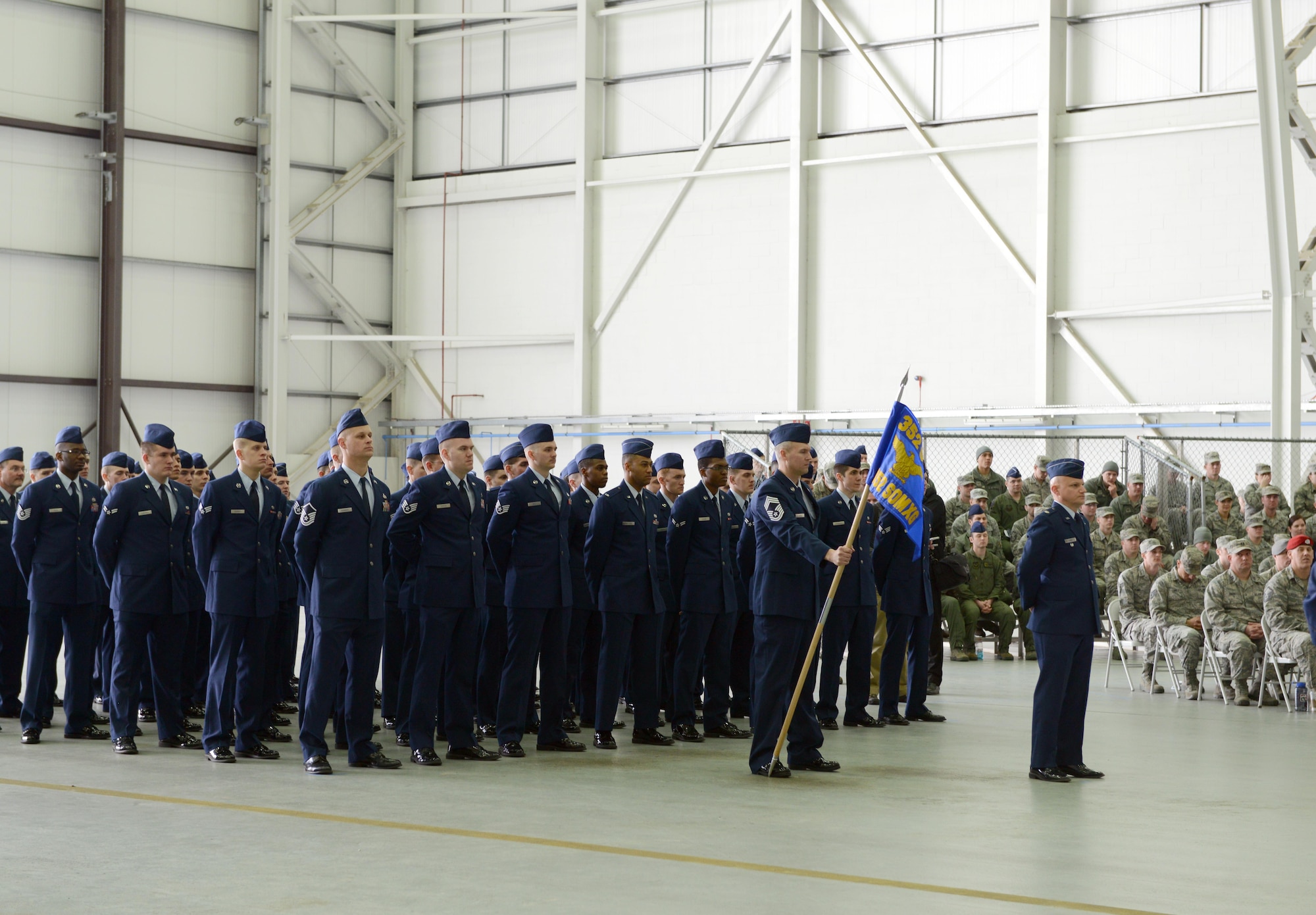 The 352nd Special Operations Maintenance Group formation stands at parade rest while U.S. Air Force Col. Eric V. Faison, 352nd SOMXG commander, gives remarks following the activation of the new maintenance group March 23, 2015, in Hangar 814 on RAF Mildenhall, England. (U.S Air Force photo by Tech. Sgt. Stacia Zachary/Released) 