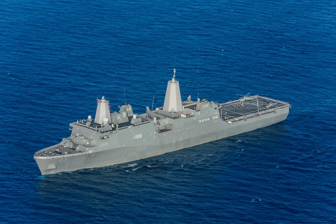 The USS Anchorage (LPD 23) sails during Composite Training Unit Exercise (COMPTUEX) off the coast of San Diego March 20, 2015. The 15th Marine Expeditionary Unit is embarked aboard the three ships of the Essex Amphibious Ready Group – the USS Essex (LHD 2), USS Anchorage, and USS Rushmore (LSD 47) to continue to integrate with their Navy counterparts as they prepare for their upcoming deployment.  (U.S. Marine Corps photo by Sgt. Jamean Berry/Released)