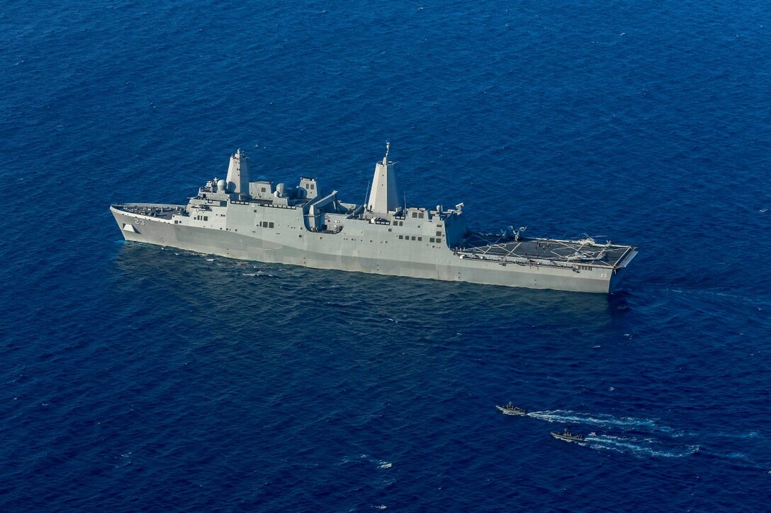 The USS Anchorage (LPD 23) sails during Composite Training Unit Exercise (COMPTUEX) off the coast of San Diego March 20, 2015. The 15th Marine Expeditionary Unit is embarked aboard the three ships of the Essex Amphibious Ready Group – the USS Essex (LHD 2), USS Anchorage, and USS Rushmore (LSD 47) to continue to integrate with their Navy counterparts as they prepare for their upcoming deployment. (U.S. Marine Corps photo by Sgt. Jamean Berry/Released)