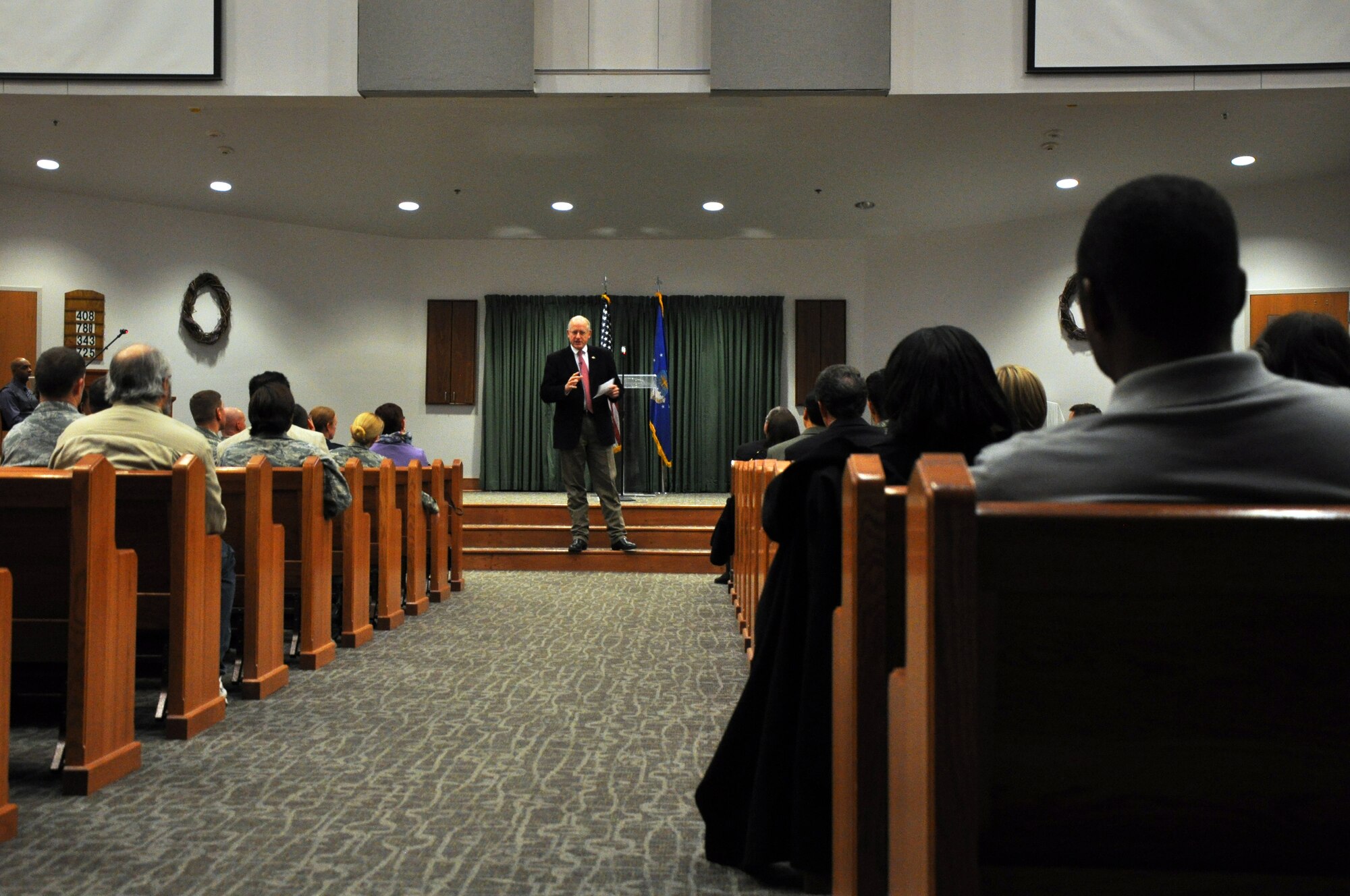 GOODFELLOW AIR FORCE BASE, Texas – Congressman Mike Conaway, 11th District of Texas, speaks during the National Prayer Luncheon at the Taylor Chapel March 20. The chapel hosted the event in honor of the nation, its leaders and its military members, which Conaway touched on during his speech. (U.S. Air Force photo/ Senior Airman Joshua Edwards)