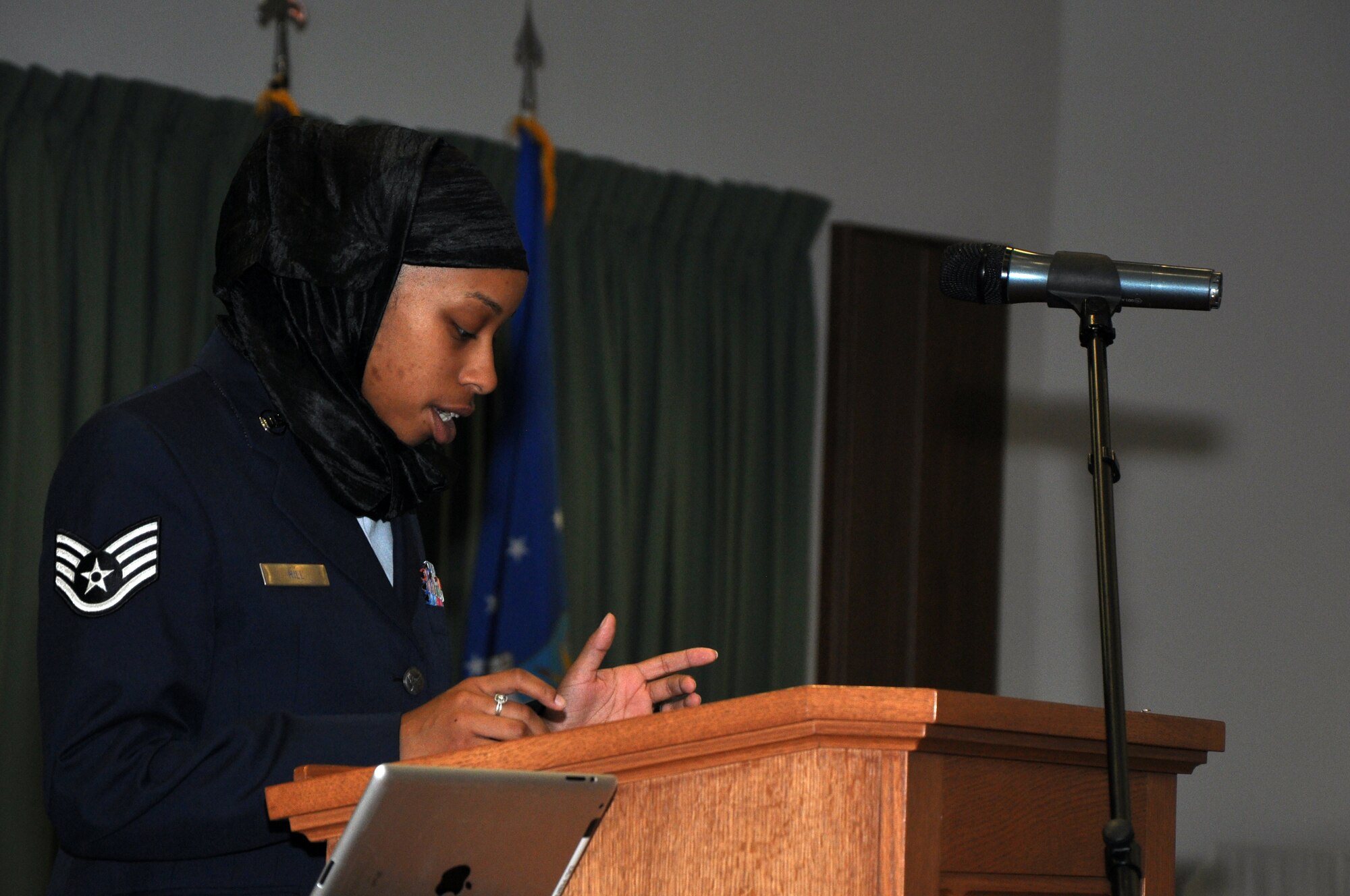 GOODFELLOW AIR FORCE BASE, Texas – Staff Sgt. Anderia F. Hill, 17th Medical Operations Squadron Dental Flight records and reception NCO in charge, provides the Muslim sacred reading during the National Prayer Luncheon at the Taylor Chapel March 20. Base members also provided a Jewish and Christian reading during the event. (U.S. Air Force photo/ Senior Airman Joshua Edwards)