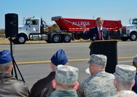 Sen. Tom Carper, D-Del., gives thumbs up during a speech at a Runway Repair Groundbreaking ceremony March 23, 2015, at Dover Air Force Base, Del. Carper and other Congressional leaders attended the event to support Dover AFB and the $98.3 runway renovation project. (U.S. Air Force photo/Airman 1st Class William Johnson)