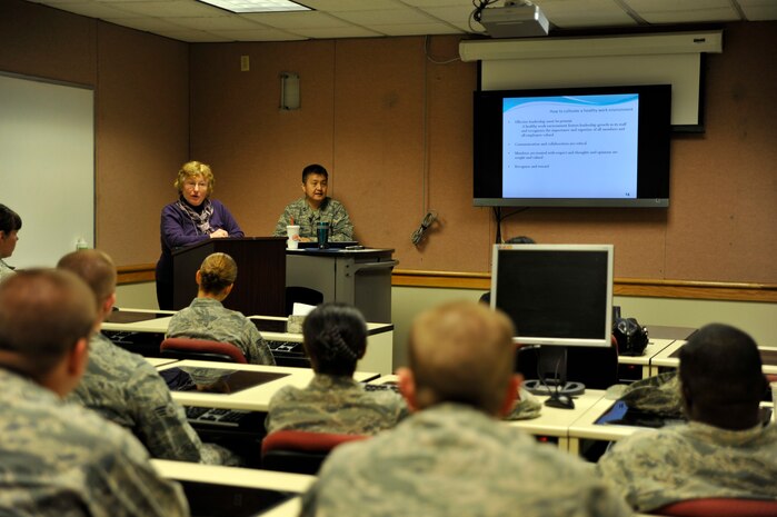 Members of Joint Base Charleston attend a healthy thinking class as part of a wingman day. Focused on a wide variety of topics offered at the Naval Weapons Station and the Air Base, Mar. 20, 2015, Wingman Day University was implemented this year. Wingman day offers Airmen and personnel several classes on resiliency t including topics such as finances, stress management, fitness, nutrition and resiliency.  (U.S. Air Force photo/Tech. Sgt. Renae Pittman)