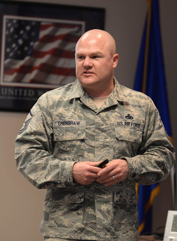 Master Sgt. Johnny Crenshaw, 28th Force Support Squadron career assistance advisor, teaches a Senior NCO professional enhancement class at Ellsworth Air Force Base, S.D., March 9, 2015. Crenshaw spoke on a variety of topics including enlisted force structure, personnel programs and standards and discipline. (U.S. Air Force photo by Airman 1st Class Rebecca Imwalle/Released)