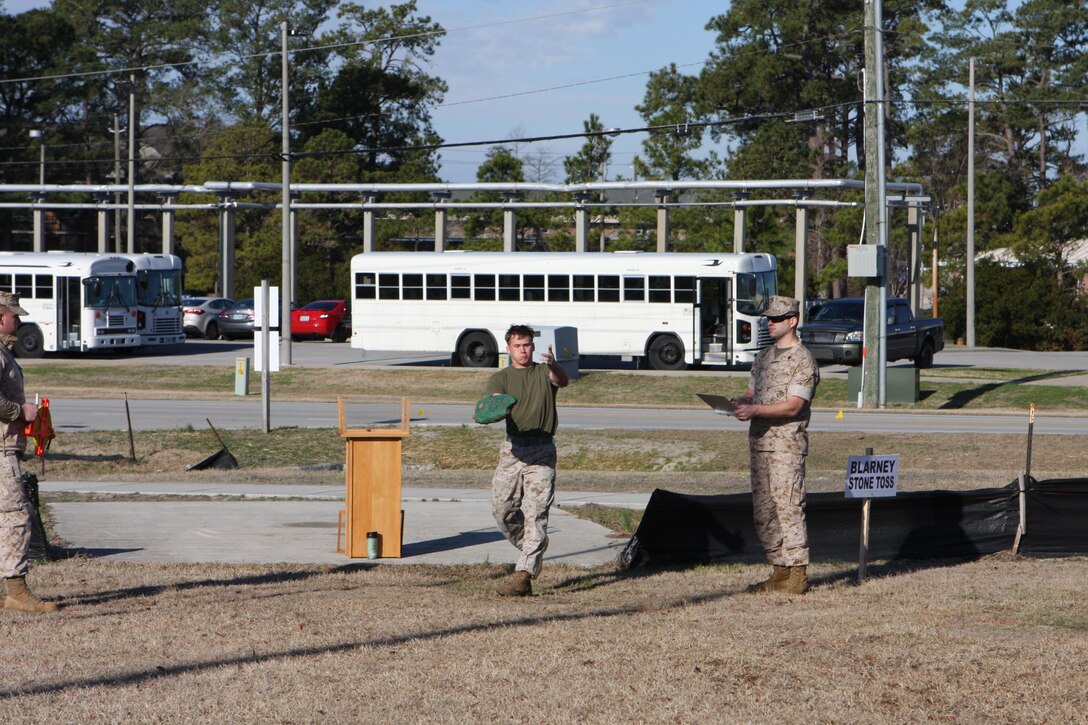 A Marine participates in the Blarney Stone Toss event at the annual St. Patrick’s Day Engineer Field Meet, on Ellis Field, aboard Marine Corps Base Camp Lejeune, North Carolina, March 12, 2015.