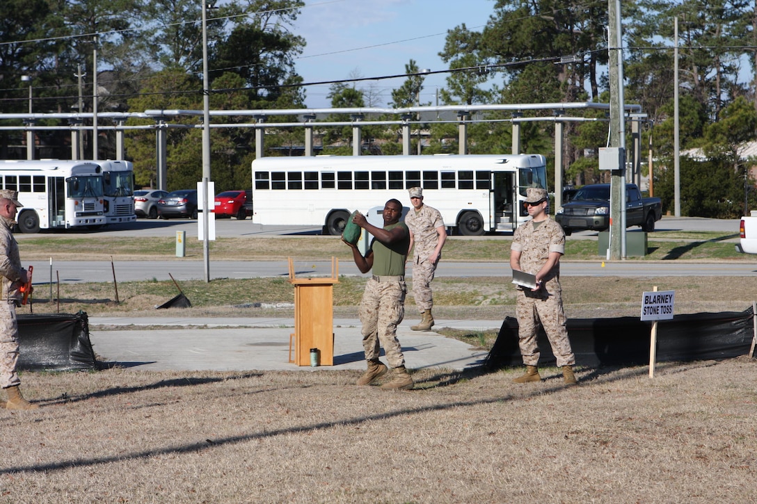 A Marine participates in the Blarney Stone Toss event at the annual St. Patrick’s Day Engineer Field Meet, on Ellis Field, aboard Marine Corps Base Camp Lejeune, North Carolina, March 12, 2015.