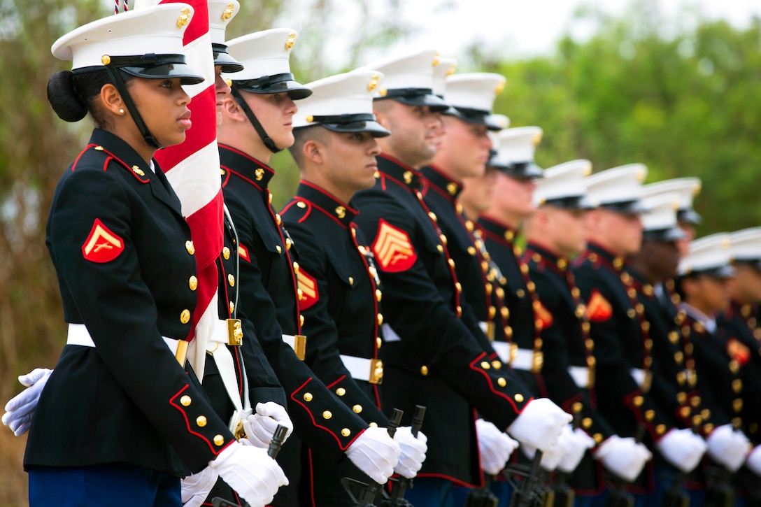 Members of the U.S. 3rd Marine Expeditionary Force color guard stand at ...