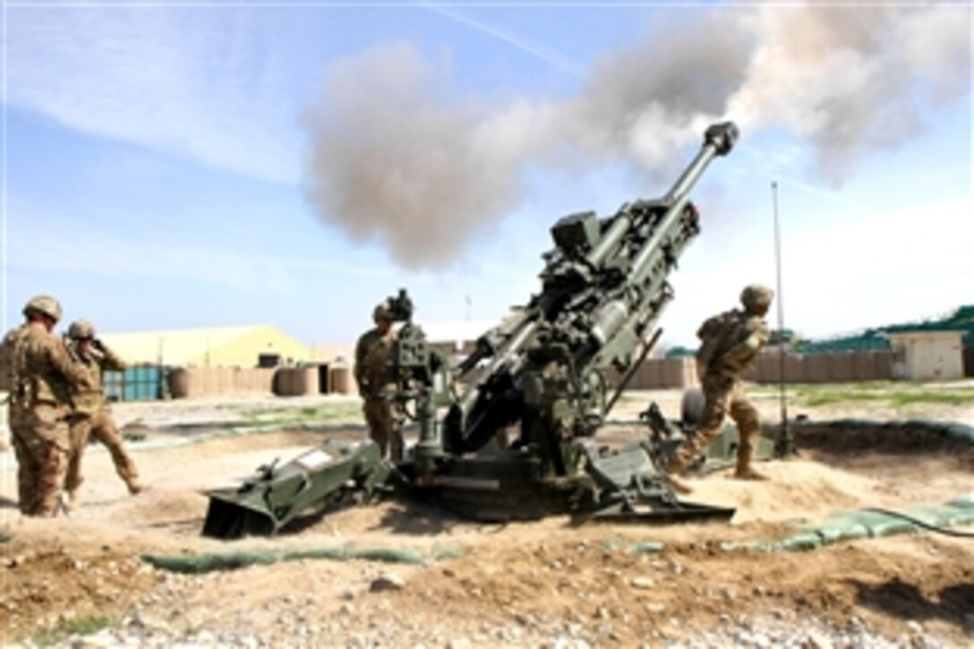 U.S. artillerymen conduct M777A2 howitzer training with precision-guided munitions on Operational Base Fenty, Afghanistan, March 19, 2015. The artillerymen are assigned to the 101st Airborne Division's 3rd Battalion, 320th Field Artillery Regiment, 3rd Brigade Combat Team.