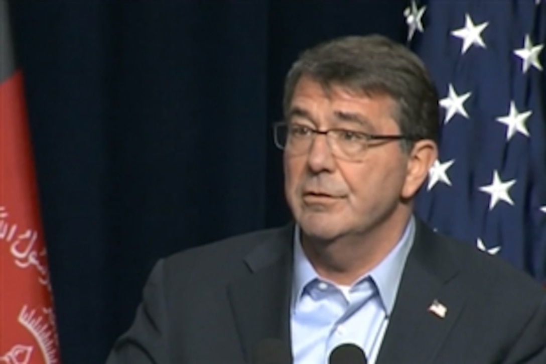 U.S. Defense Secretary Ash Carter responds to a reporter's question during a press conference on Camp David, Md., March 23, 2015, following a meeting with U.S. Secretary of State John F. Kerry, Afghan President Ashraf Ghani and Chief Executive Abdullah Abdullah. Carter earlier hosted the Afghan leaders for a visit at the Pentagon, where Ghani thanked U.S. service members and veterans who served in Afghanistan for their efforts and sacrifices.