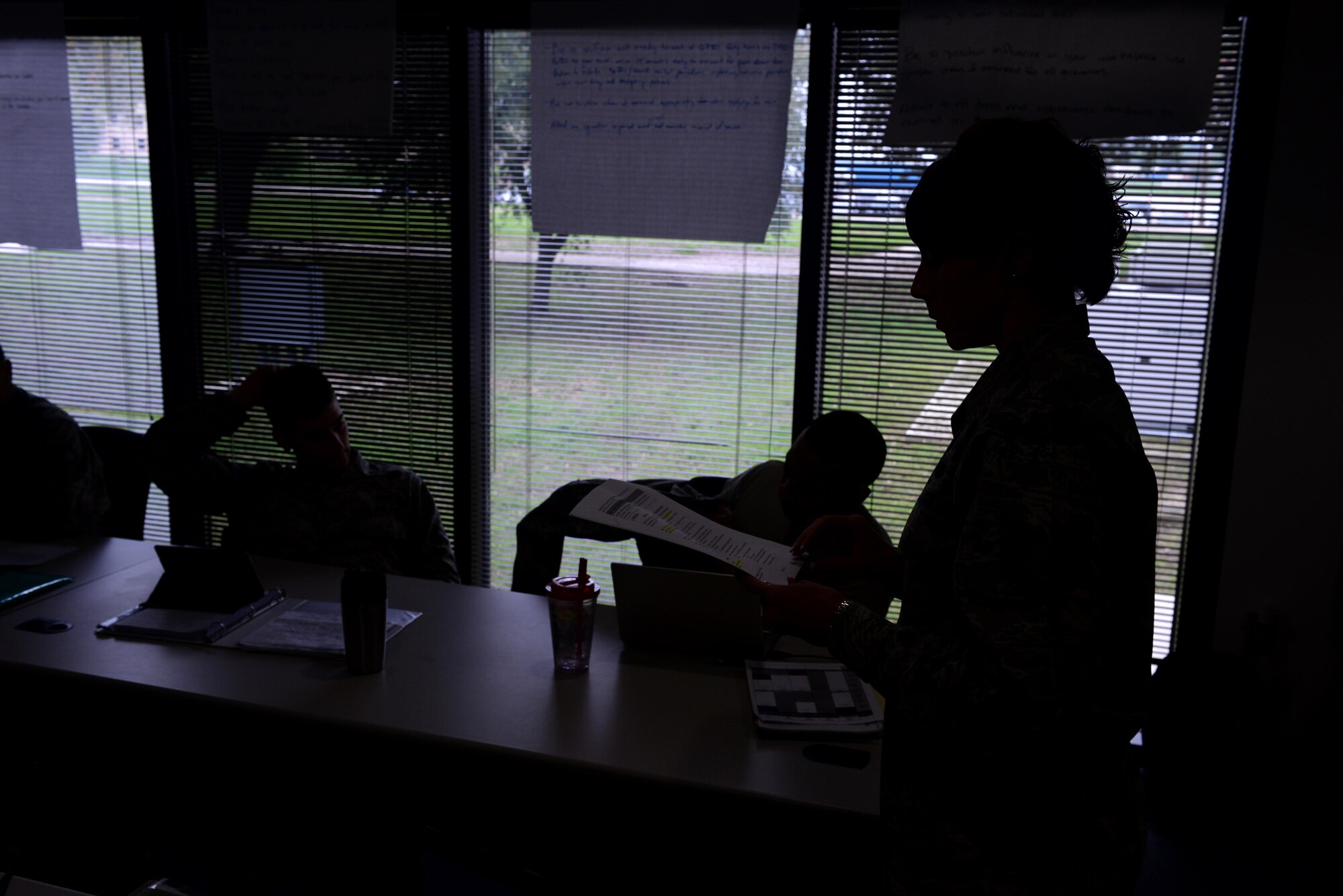 Tech. Sgt. Jamie Kienholz, non-commissioned officer in charge at Joint Base San Antonio Airman Leadership School, instructs Airmen from ALS Class 15-3 during the Introduction to Negotiation lecture at Joint Base San Antonio-Lackland, Texas, March 19, 2015. Kienholz has served as NCOIC for the past year and says the change to the developmental special duty process has brought sharp and motivated NCOs to the schoolhouse. (U.S. Air Force photo by Tech. Sgt. Joshua Strang)