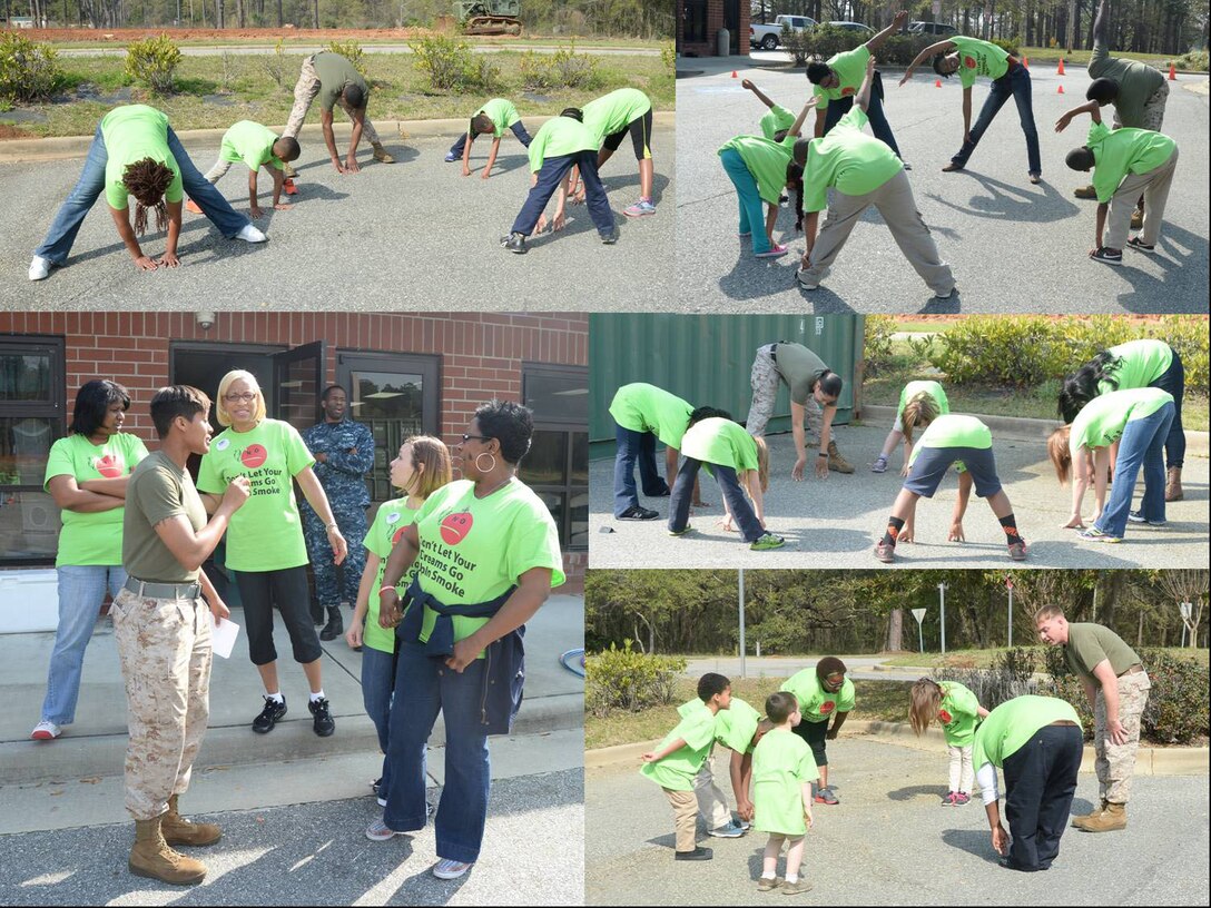 Marines and civilian-Marines aboard Marine Corps Logistics Base Albany join forces with students at the installation’s Child Development Center to recognize the Campaign for Smoke-free Kids’ National Kick Butts Day, March 18. Bottom left: Sgt. Candice Clark-Thomas, Marine Corps Systems Command, instructed adult participants on the rules of engagement, while active-duty Marine team leaders and youth participants warm up and stretch out to prepare for the challenge’s activities and routines.