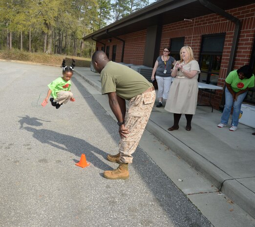 A Child Development Center student, at Marine Corps Logistics Base Albany, jumps rope in a physical fitness team challenge here, March 18. The competition, which is an annual observance of the Campaign for Smoke-free Kids’ National Kick Butts Day, was held to deter participating youth from using tobacco products and to promote a healthier lifestyle through physical activity.

