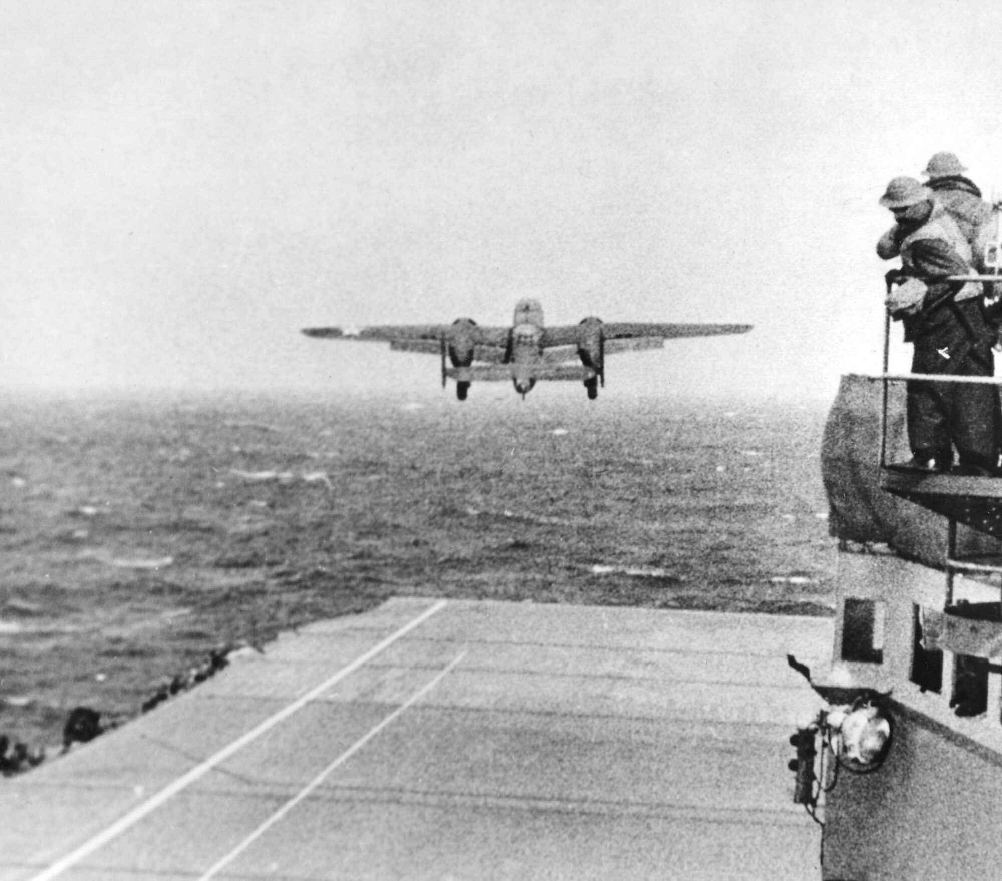 The USS Hornet had 16 U.S. Army Air Forces North American B-25B Mitchells on deck, ready for the Tokyo Raid on April 18, 1942. (U.S. Air Force photo)