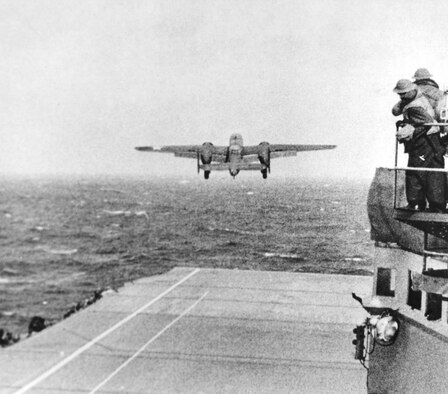 The USS Hornet had 16 U.S. Army Air Forces North American B-25B Mitchells on deck, ready for the Tokyo Raid on April 18, 1942. (U.S. Air Force photo)