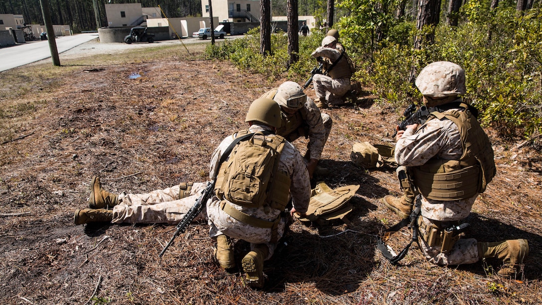 Sailors with 2nd Dental Battalion assess a simulated casualty and prepare him for evacuation during a counter improvised explosive device course in Holly Ridge, N.C., March 20, 2015. Simulated IEDs and small-arms fire were used to make the scenarios as realistic as possible while maintaining safety precautions. 