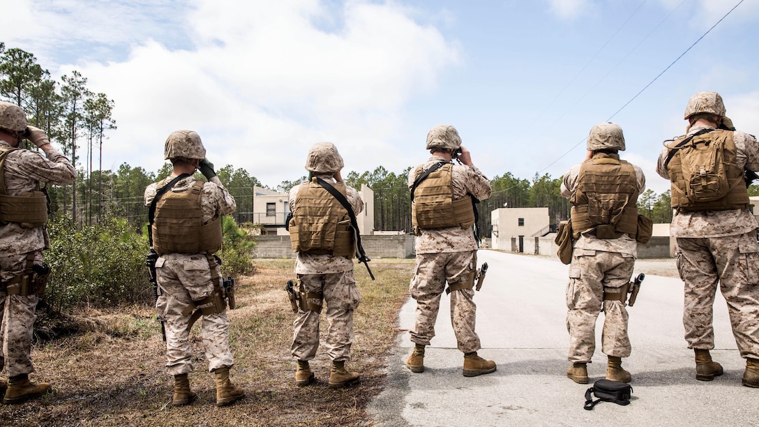 Sailors with a 2nd Dental Battalion patrol scan a town with binoculars prior to approaching it during a counter improvised explosive device course in Holly Ridge, N.C., March 20, 2015. The sailors first observed with their eyes, then through the scopes on their rifles, and finally with binoculars, searching for possible threats. 