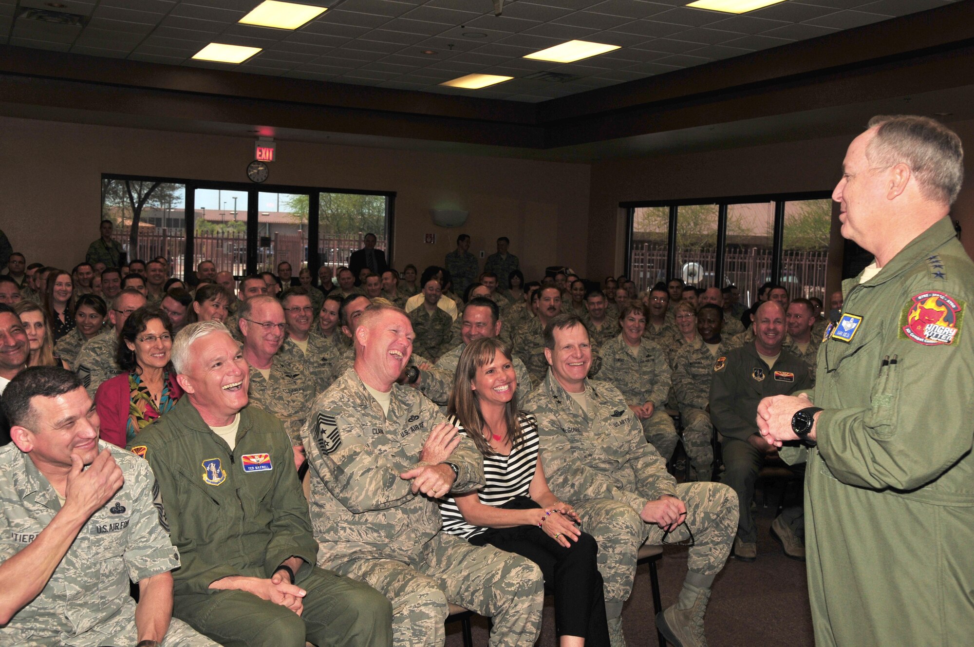 Air Force Chief of Staff Gen. Mark A. Welsh III addresses Airmen of the 161st Air Refueling Wing, during a town hall meeting March 22, 2015, at Phoenix Sky Harbor Air National Guard Base, Ariz. During the visit, Welsh interacted with Airmen and their spouses at an officer’s call and mission brief. The chief of staff got a first-hand look at the KC-135 Stratotanker unit and the Airmen who make the refueling mission a success. (U.S. Air National Guard photo/Tech. Sgt. Courtney Enos)