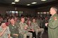Air Force Chief of Staff Gen. Mark A. Welsh III addresses Airmen of the 161st Air Refueling Wing, during a town hall meeting March 22, 2015, at Phoenix Sky Harbor Air National Guard Base, Ariz. During the visit, Welsh interacted with Airmen and their spouses at an officer’s call and mission brief. The chief of staff got a first-hand look at the KC-135 Stratotanker unit and the Airmen who make the refueling mission a success. (U.S. Air National Guard photo/Tech. Sgt. Courtney Enos)