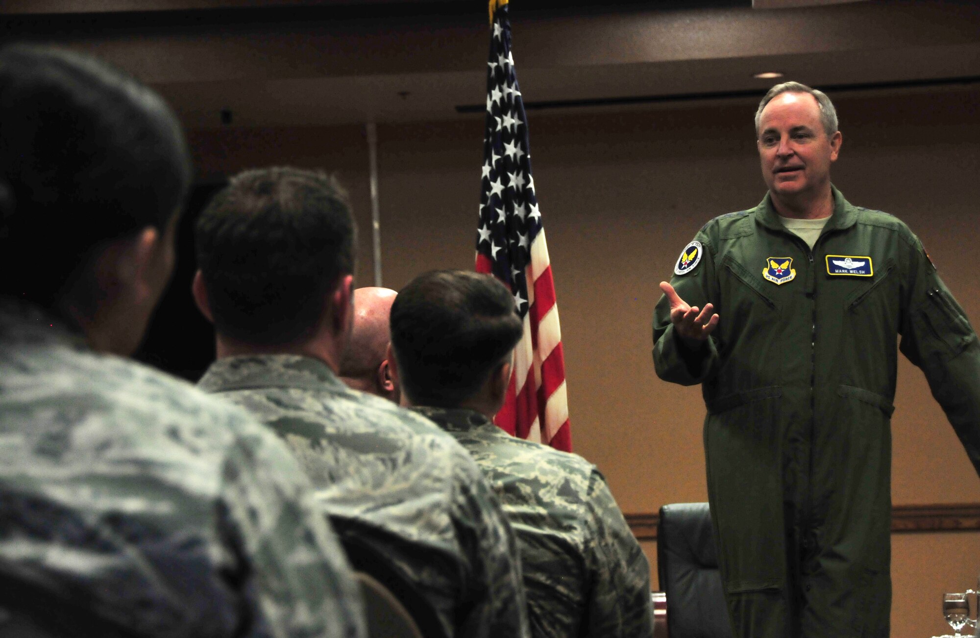 Air Force Chief of Staff Gen. Mark A. Welsh III addresses Airmen of the 161st Air Refueling Wing, during a town hall meeting March 22, 2015, at Phoenix Sky Harbor Air National Guard Base, Ariz. During the visit, Welsh interacted with Airmen and their spouses at an officer’s call and mission brief. The chief of staff got a first-hand look at the KC-135 Stratotanker unit and the Airmen who make the refueling mission a success. (U.S. Air National Guard photo/Tech. Sgt. Courtney Enos) 