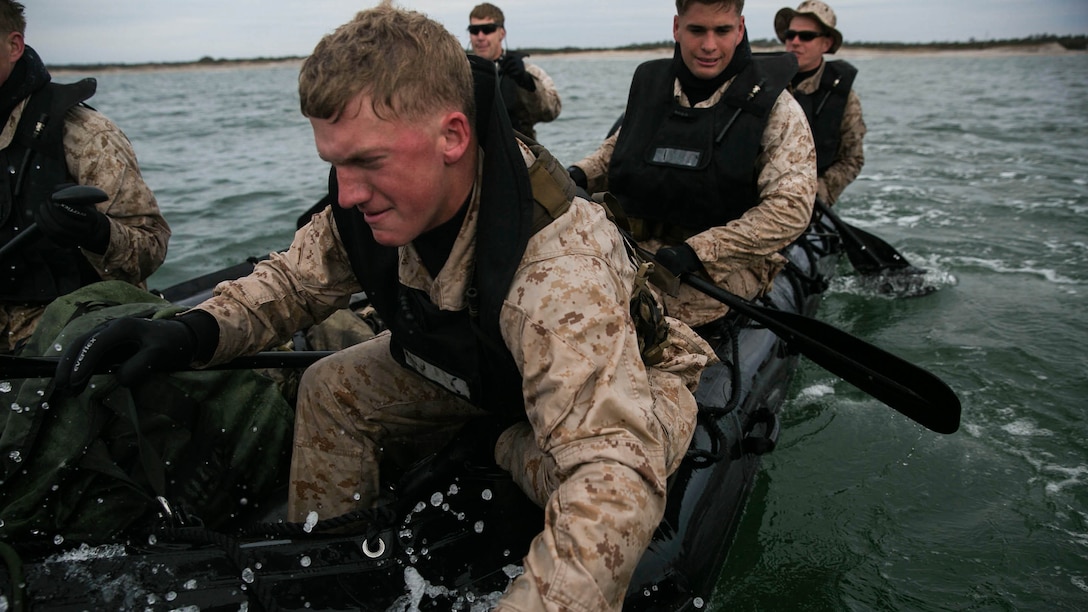 Marines with 2nd Reconnaissance Battalion, 2nd Marine Division reach their designated turning point during an amphibious beach exercise at Onslow beach, aboard  Camp Lejeune, N.C., March 19, 2015. The training started with basic boat manipulations teaching Marines how to operate the Zodiac F470 Combat Rubber Raiding Craft in various formations and went over emergency procedures, such as man overboard drills. 
