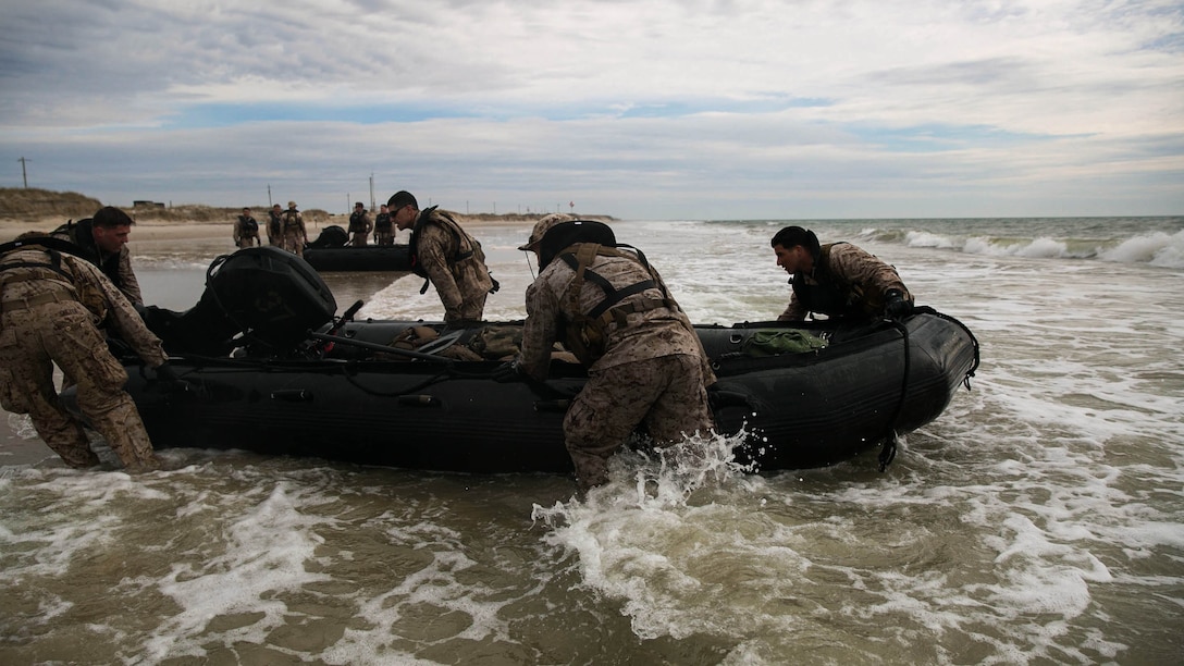 Marines with 2nd Reconnaissance Battalion, 2nd Marine Division reach their designated turning point during an amphibious beach exercise at Onslow beach, aboard Camp Lejeune, N.C., March 19, 2015. “The weather effects amphibious operations greatly, especially when you consider the state of the sea, and has to be considered when planning in real world operations” said Cpl. Dru Turner, a Portman with 2nd Recon Bn. “As you can imagine, currents and tides as well as the wind can significantly affect small boat operations.” 