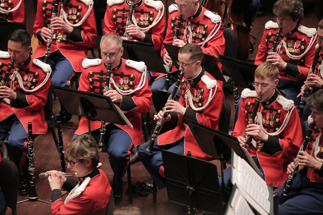 On March 19, 2015, the Marine Band performed at Messiah College in Mechnicsburg, Pa. The program, conducted by Lt. Col. Jason K. Fettig, included music by Samuel Jones, David Conte, Maurice Ravel, Bernard Hermann, John Philip Sousa, and John Williams. The concert was a part of the National Trumpet Competition and also featured guest soloist John Rommel performing David Gillingham’s When Speaks the Signal-Trumpet Tone. (U.S. Marine Corps photo by Gunnery Sgt. Amanda Simmons/released)
