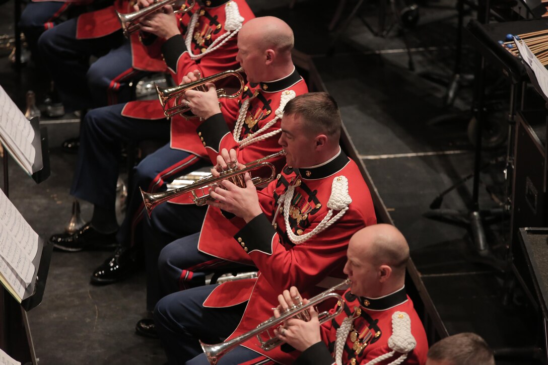 On March 19, 2015, the Marine Band performed at Messiah College in Mechnicsburg, Pa. The program, conducted by Lt. Col. Jason K. Fettig, included music by Samuel Jones, David Conte, Maurice Ravel, Bernard Hermann, John Philip Sousa, and John Williams. The concert was a part of the National Trumpet Competition and also featured guest soloist John Rommel performing David Gillingham’s When Speaks the Signal-Trumpet Tone. (U.S. Marine Corps photo by Gunnery Sgt. Amanda Simmons/released)