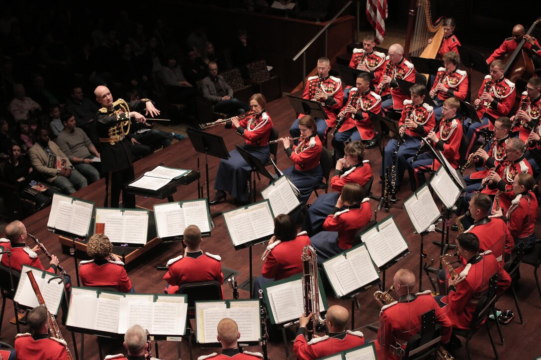 On March 19, 2015, the Marine Band performed at Messiah College in Mechnicsburg, Pa. The program, conducted by Lt. Col. Jason K. Fettig, included music by Samuel Jones, David Conte, Maurice Ravel, Bernard Hermann, John Philip Sousa, and John Williams. The concert was a part of the National Trumpet Competition and also featured guest soloist John Rommel performing David Gillingham’s When Speaks the Signal-Trumpet Tone. (U.S. Marine Corps photo by Gunnery Sgt. Amanda Simmons/released)