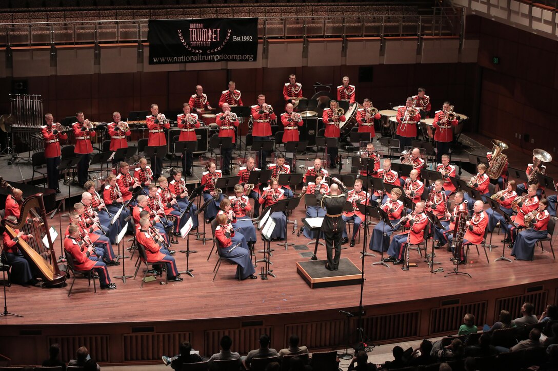 On March 19, 2015, the Marine Band performed at Messiah College in Mechnicsburg, Pa. The program, conducted by Lt. Col. Jason K. Fettig, included music by Samuel Jones, David Conte, Maurice Ravel, Bernard Hermann, John Philip Sousa, and John Williams. The concert was a part of the National Trumpet Competition and also featured guest soloist John Rommel performing David Gillingham’s When Speaks the Signal-Trumpet Tone. (U.S. Marine Corps photo by Gunnery Sgt. Amanda Simmons/released)