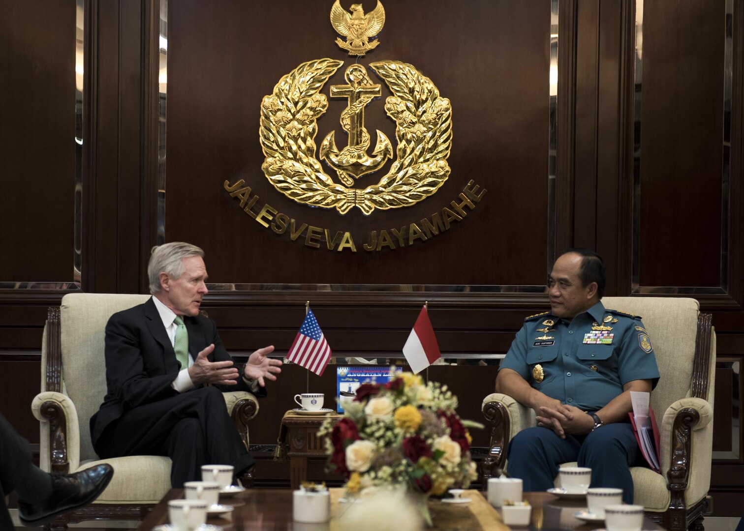 JAKARTA, Indonesia (Mar. 23, 2015) - Secretary of the Navy (SECNAV) Ray Mabus meets with Chief of Staff of the Indonesian Navy, Adm. Ade Supandi in Jakarta, Indonesia. Mabus is in the region to meet with senior military and civilian officials to discuss bilateral and multilateral maritime security issues and efforts. 