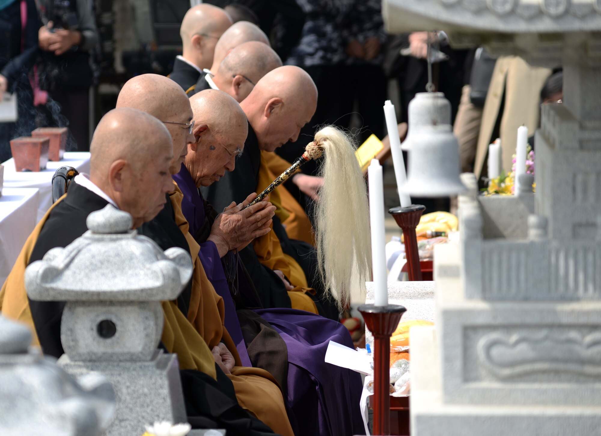 Priests from seven local temples perform a sutra and chants at the B-29 memorial ceremony in Gunma Prefecture, Japan, March 21, 2015. The ceremony memorializes 23 Airmen from two B-29s that crashed into each other on Feb. 10, 1945. (U.S. Air Force photo by Senior Airman Michael Washburn/Released)