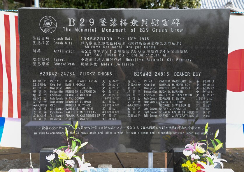 The names of 23 fallen Airmen adorn a monument at a B-29 memorial in Gunma Prefecture, Japan, March 21, 2015. On Feb. 10, 1945, two B-29s collided in the air above Gunma. After the crash, Japanese citizens buried the fallen Airmen even though they were considered the enemy. (U.S. Air Force photo by Senior Airman Michael Washburn/Released)