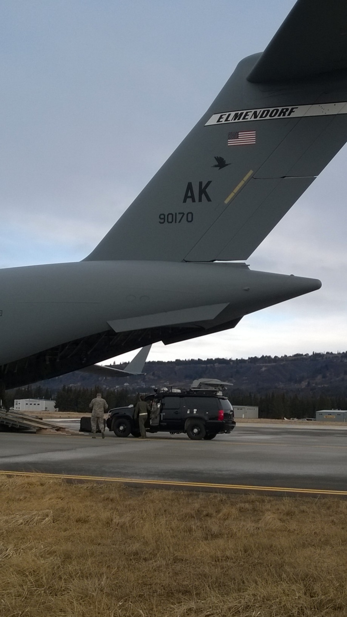 An emergency response vehicle from Alaskan Command is being offloaded a C-17 from Joint Base Elmendorf-Richardson, Alaska, to provide 72-hour emergency information technology services during Exercise Rock and a Hard Place in Homer, Alaska, March 19, 2015. The exercise scenario called for state and federal resources respond to assist the community of Homer and the Kenai Borough following a significant mudslide that damaged the South Peninsula Hospital and severed road and communications lines. (U.S. Army photo/Army Lt. Col. William Kays)