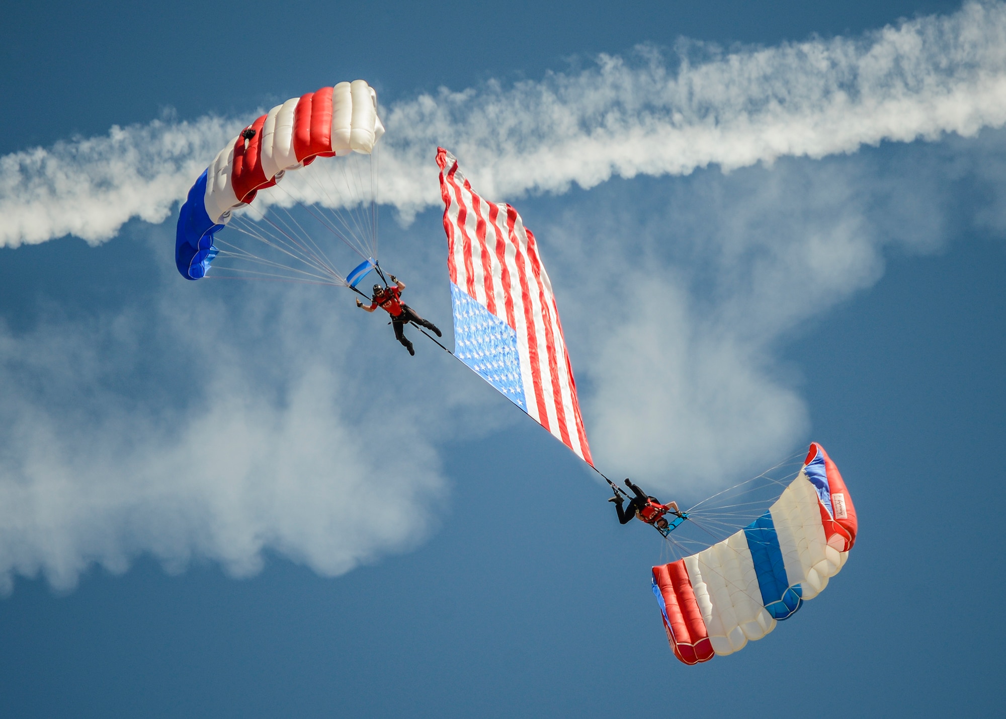 The Patriot Parachute Team opened the L.A. County Air Show this year, bringing in the American Flag for the National Anthem. (U.S. Air Force photo by Rebecca Amber)