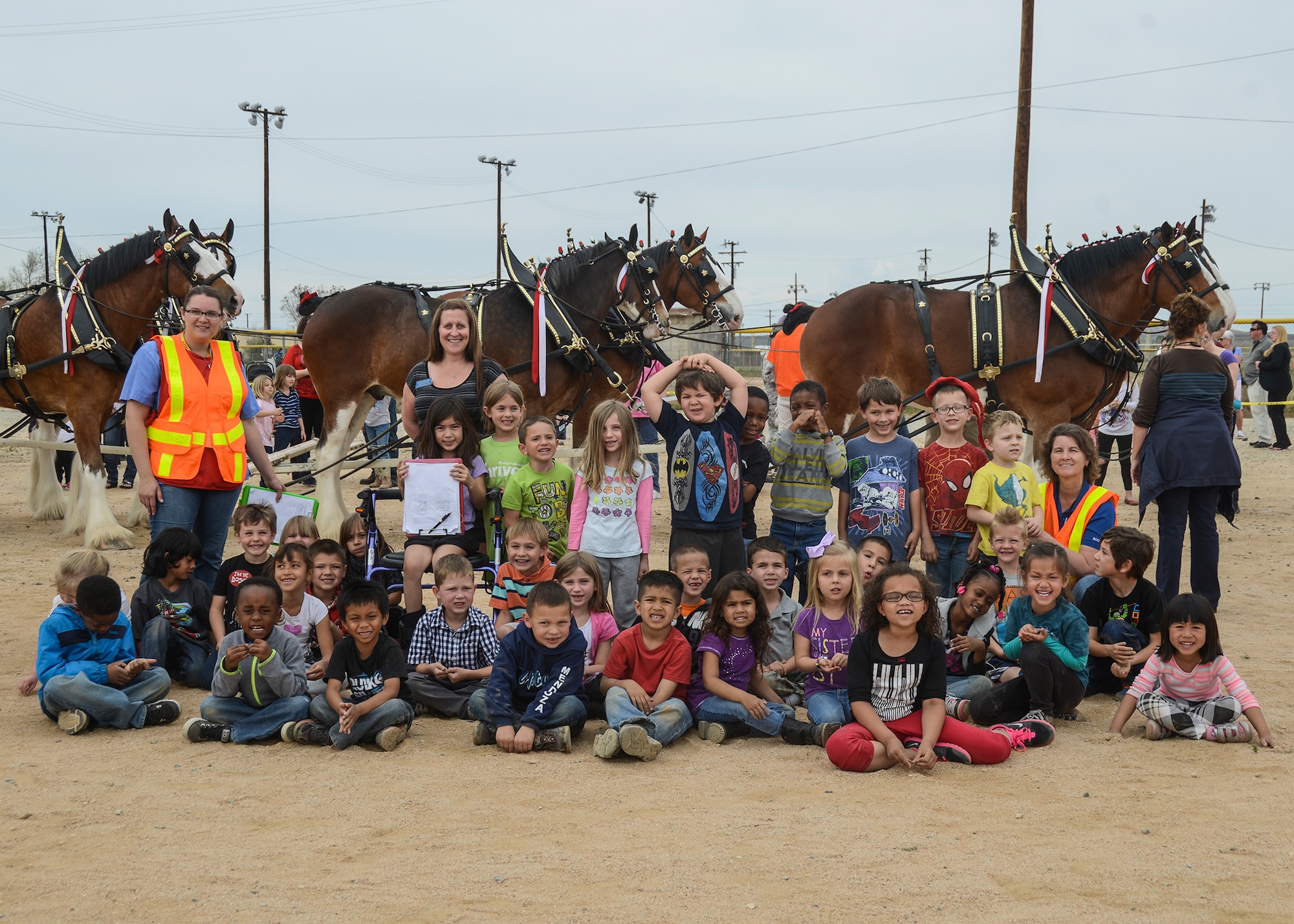 The West Coast team of the Budweiser Clydesdales arrived earlier in the week of the L.A. County Airshow providing ample time to visit Edwards AFB March 18. Airmen and their families came to see the Clydesdales along with groups from the youth programs on base. (U.S. Air Force photo by Rebecca Amber)