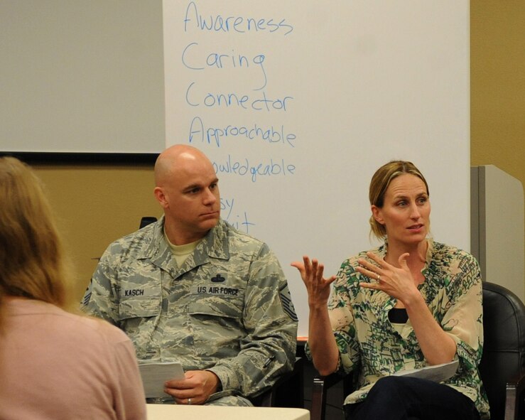 Linne Gherdovich, 2nd Logistics Readiness Squadron Key Spouse mentor, speaks during the Key Spouse Summit on Barksdale Air Force Base, La., March 18, 2015. Throughout the summit, Barksdale leadership spoke about what a key spouse is and the importance of the program, finishing with scenarios to assist with understanding. (U.S. Air Force photo/Senior Airman Kristin High)