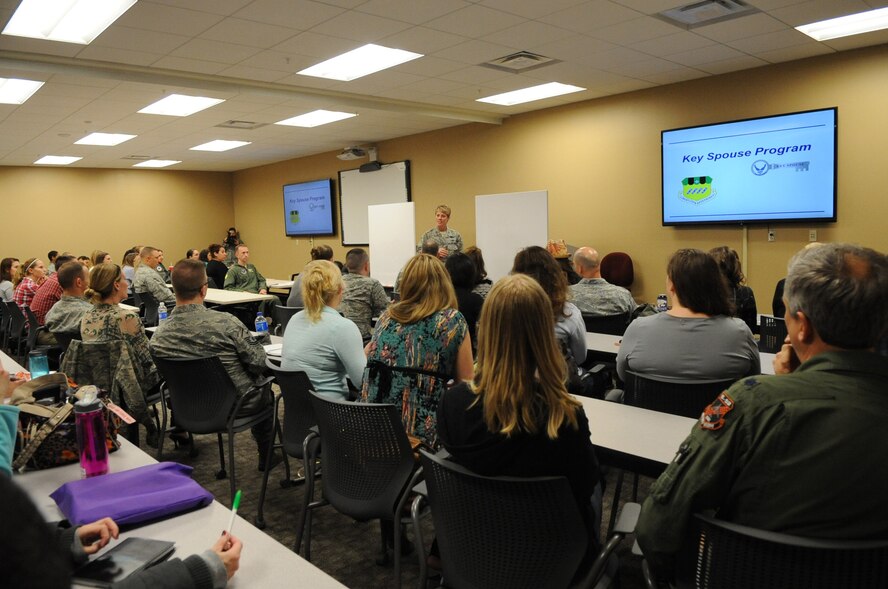 Col. Kristin Goodwin, 2nd Bomb Wing commander, speaks with Team Barksdale members during the Key Spouse Summit on Barksdale Air Force Base, La., March. 18, 2015. The purpose of the summit was to disseminate information and inform spouses and military members on the importance of the Key Spouse Program. (U.S. Air Force photo/Senior Airman Kristin High)
