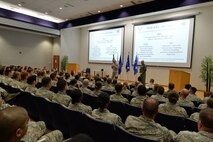 Lt. Gen. Carlton D. Everhart II, 18th Air Force commander, and  Maj. Gen. Frederick Martin, Commander, U.S. Air Force Expeditionary Center hold an all-call on Joint Base Pearl Harbor-Hickam, Hawaii, March 22, 2015. The commanders engaged the Airmen to provide strategic perspective on the Pacific theater and demonstrate the integration between 18 AF and the Expeditionary Center. (U.S. Air Force photo by Tech. Sgt. Aaron Oelrich/Released)      