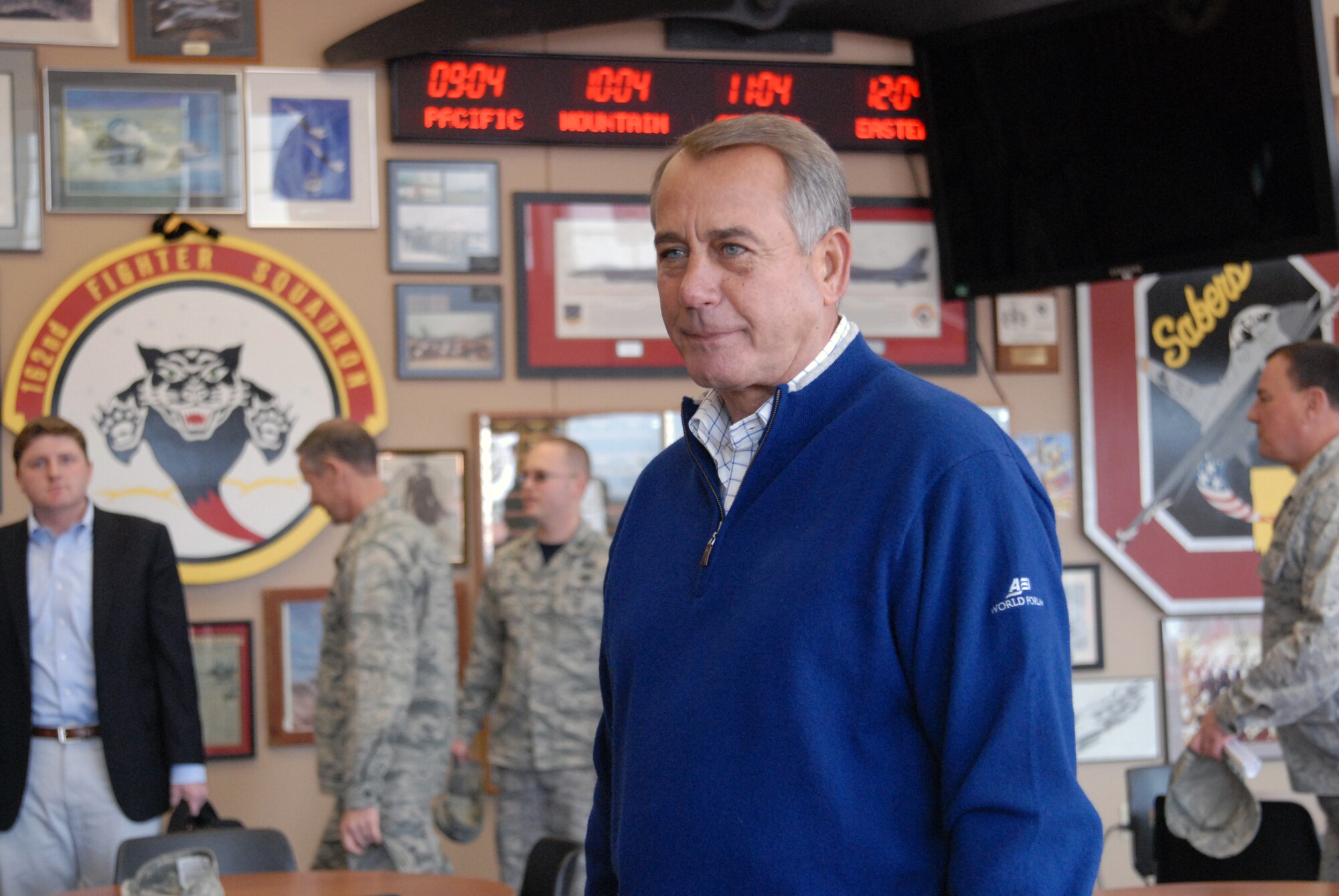 Speaker of the U.S. House of Representatives John Boehner visited Springfield Air National Guard Base, March 20, to tour the base and speak with Airmen.Interim Adjutant General of the Ohio National Guard Maj. Gen. Mark Bartman, 178th Wing Commander Col. Gregory Schnulo and Command Chief Master Sgt. Ottis LeMaster guided Boehner throughout the tour. (U.S. Air National Guard photo by Airman Rachel Simones/Released)