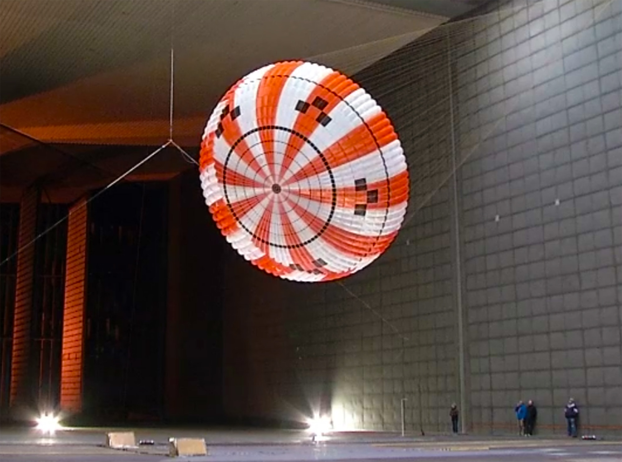 AEDC engineers were part of a test team that performed wind tunnel testing on the parachutes for NASA Orion spacecraft in January. The test team also consisted of NASA, Airborne Systems, Jacobs Engineering and NFAC personnel. Pictured here is a parachute being tested in a NFAC wind tunnel. (AEDC photos) 