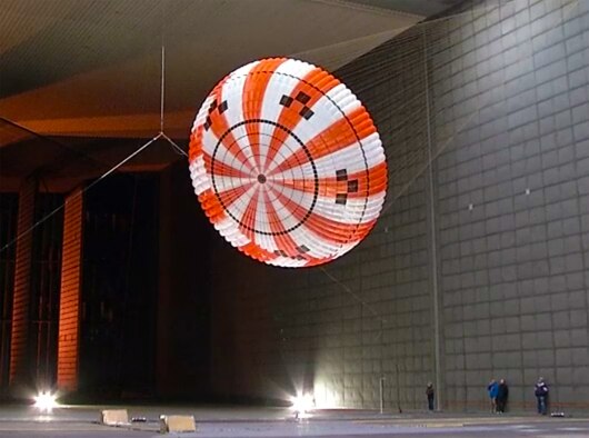 AEDC engineers were part of a test team that performed wind tunnel testing on the parachutes for NASA Orion spacecraft in January. The test team also consisted of NASA, Airborne Systems, Jacobs Engineering and NFAC personnel. Pictured here is a parachute being tested in a NFAC wind tunnel. (AEDC photos) 