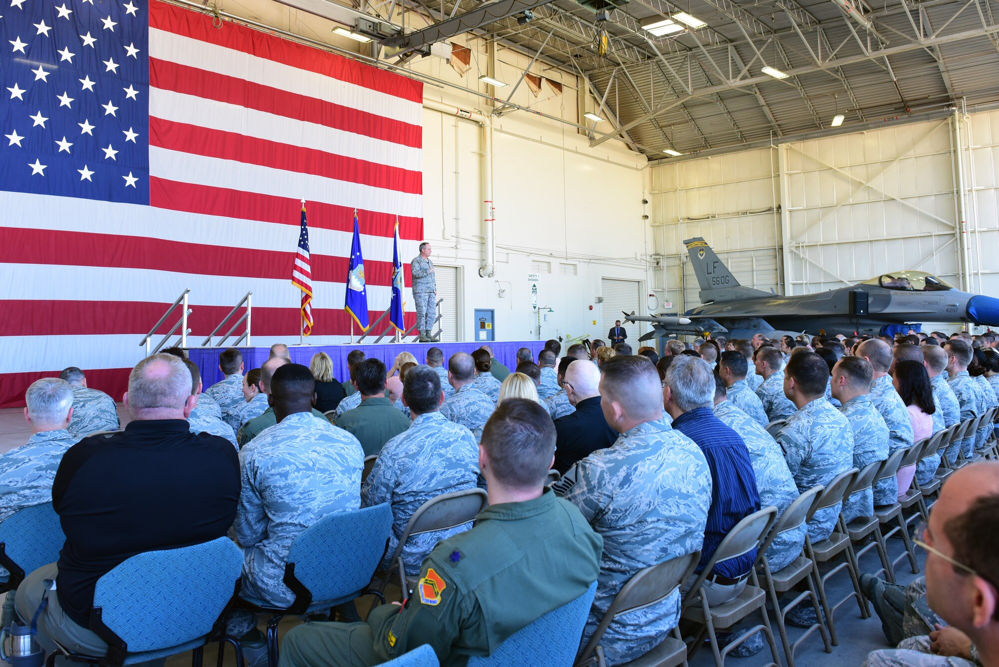 General Mark Welsh, Air Force Chief of Staff, talked with active-duty Airmen, Reservist, and Arizona Air Guard members during an all-call this morning at Luke Air Force Base. 
Welsh told the group that his number one reason for visiting was to say thank you and praised the work Airmen are doing here in Arizona. He also discussed the future of the Air Force and gave his keys for success; use commonsense, communicate better, and care more. (U.S. Air Force photo taken by Staff Sgt. Lausanne Kinder)
