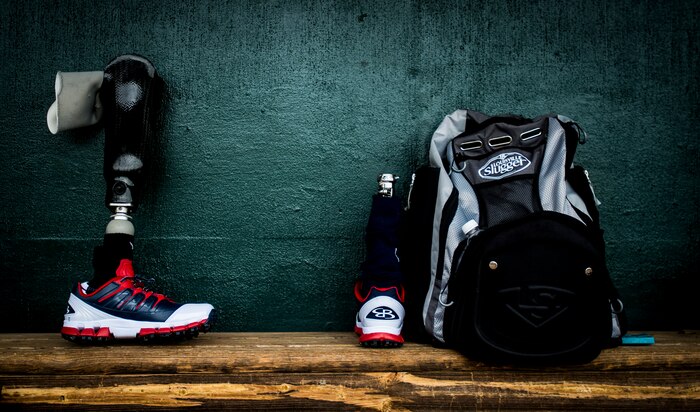 Prosthetic leg gear in the dugout March 21, 2015, at Joe Riley Stadium in Charleston, S.C. Wounded Warrior Amputee Softball Team athletes are examples of amputees who continue to push the limits of modern prosthetic technology with more and more applications. Their vision is to support and honor our service members and veteran’s sacrifices. Additionally, they are examples to other amputees, those with disabilities and the general public that life without a limb is limitless. (U.S. Air Force photo/Airman 1st Class Clayton Cupit)