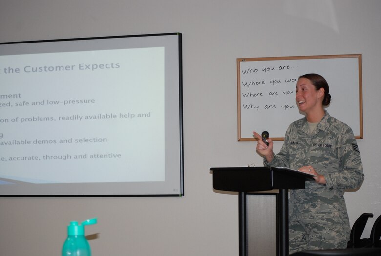 PETERSON AIR FORCE BASE, Colo. – Staff Sgt. Cassandra Follmann, 21st Force Support Squadron unit training manager, shares techniques for handling customer service during a train-the-trainer class March 3 at the First Time Airmen’s Center. (U.S. Air Force photo by Dave Smith)