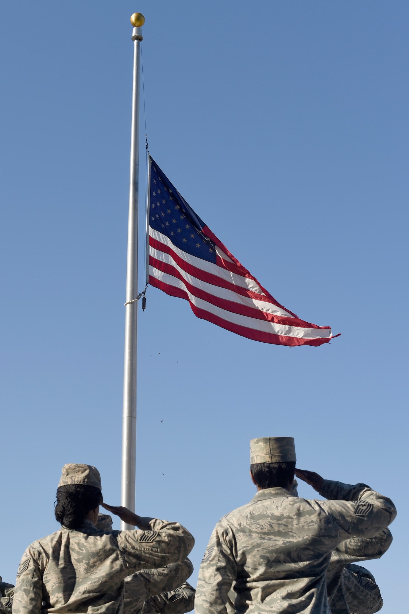 Team Andrews members salute a U.S. Flag during a retreat ceremony on Joint Base Andrews, Md., March 23, 2015. The ceremony was held to retire the flag located in front on the Jones Building here. (U.S. Air Force photo/Airman 1st Class Ryan J. Sonnier)