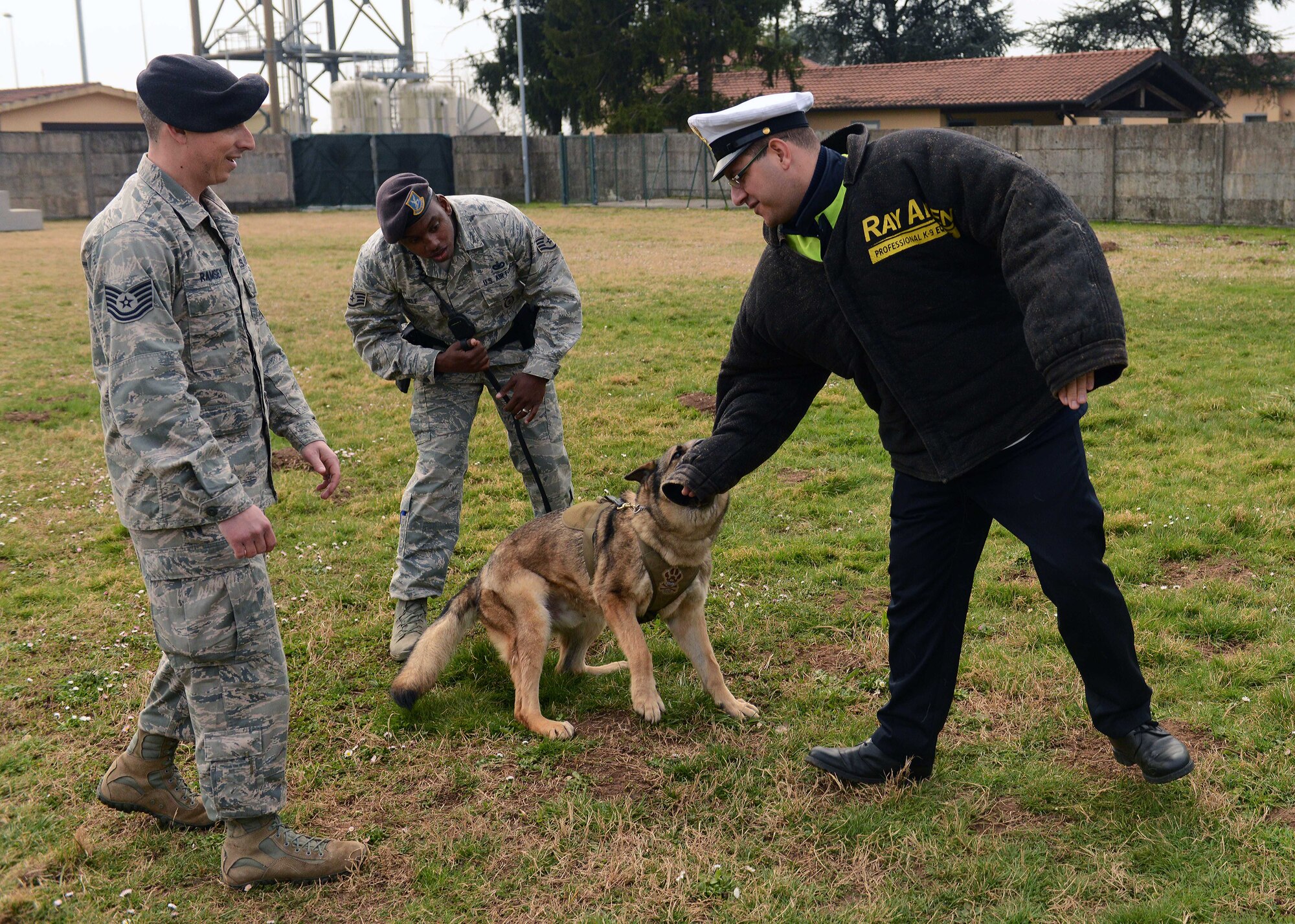 U.S. Air Force Tech Sgt. Keaton Mickle, 31st Security Forces Squadron military working dog trainer, and Staff Sgt. Latif Self, 31st SFS MWD handler, perform a training exercise with local Italian police officials, March 20, 2015, at Aviano Air Base, Italy. During a tour, Aviano Polizia members and the Venice Polizia K-9 unit visited the 31st SFS armory, indoor firing range and the military working dog section. (U.S. Air Force photo by Airman 1st Class Deana Heitzman/Released) 