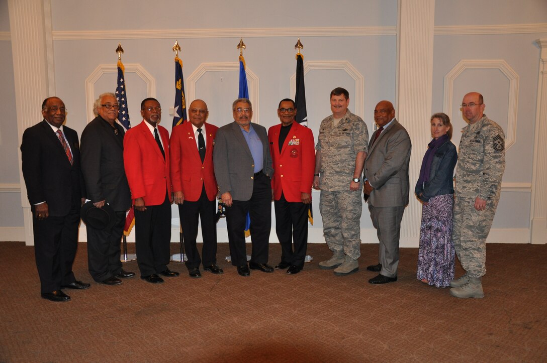 Team Seymour hosted the Tuskegee Airmen Heritage Luncheon, March 18th, here.  Distinguished guests and Team Seymour leadership from left to right:  Mr. John M. Bell, Wayne County Board of Commissioners District 3; Mr. Edward Cromartie, Wayne County Board of Commissioners District 2; Maj. (USAF Ret) Roy C. White, Vice President of the Wilson V. Eagleson Chapter, Tuskegee Airmen Inc., Goldsboro, N.C.; Col. (USAF Ret) Chester "Chet" Beverly; Mr. Dick Lewis, Vice President of the Heart of Carolina Chapter, Tuskegee Airmen Inc., Raleigh, N.C.; Chief Master Sgt. (USAF Ret) Thomas Smith, Former 916th Command Chief and President of the Wilson V. Eagleson Chapter, Tuskegee Airmen Inc, Goldsboro, N.C.; Col. Gregory "Happy" Gilmour, Commander 916th ARW; Chief Master Sgt. (USAF Ret) Carl Groover, Former Liaison to the Joint Chief of Staff; Kelley Craver and Chief Master Sgt. Jeffery M. Craver, Command Chief, 4th FW.
