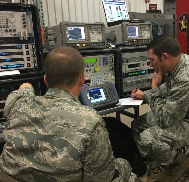 U.S. Air Force 1st Lt. Dustyn Carroll, SATCOM EA operator for the 527th Space Aggressor Squadron, supports the Navy’s Theodore Roosevelt Carrier Strike Group, March 11, 2015, by refining parameters during a simulated satellite communications electronic attack exercise. The space aggressors deployed to join the 263rd Combat Communications Squadron, North Carolina Air National Guard base, Combat Operations Group, New London, N.C. Together they supported nearly 37,000 Sailors, Marines and Airmen during three U.S. Strategic Command and U.S. Navy exercises. (U.S. Air Force photo by Staff Sgt. William F. Garcia/ Released)