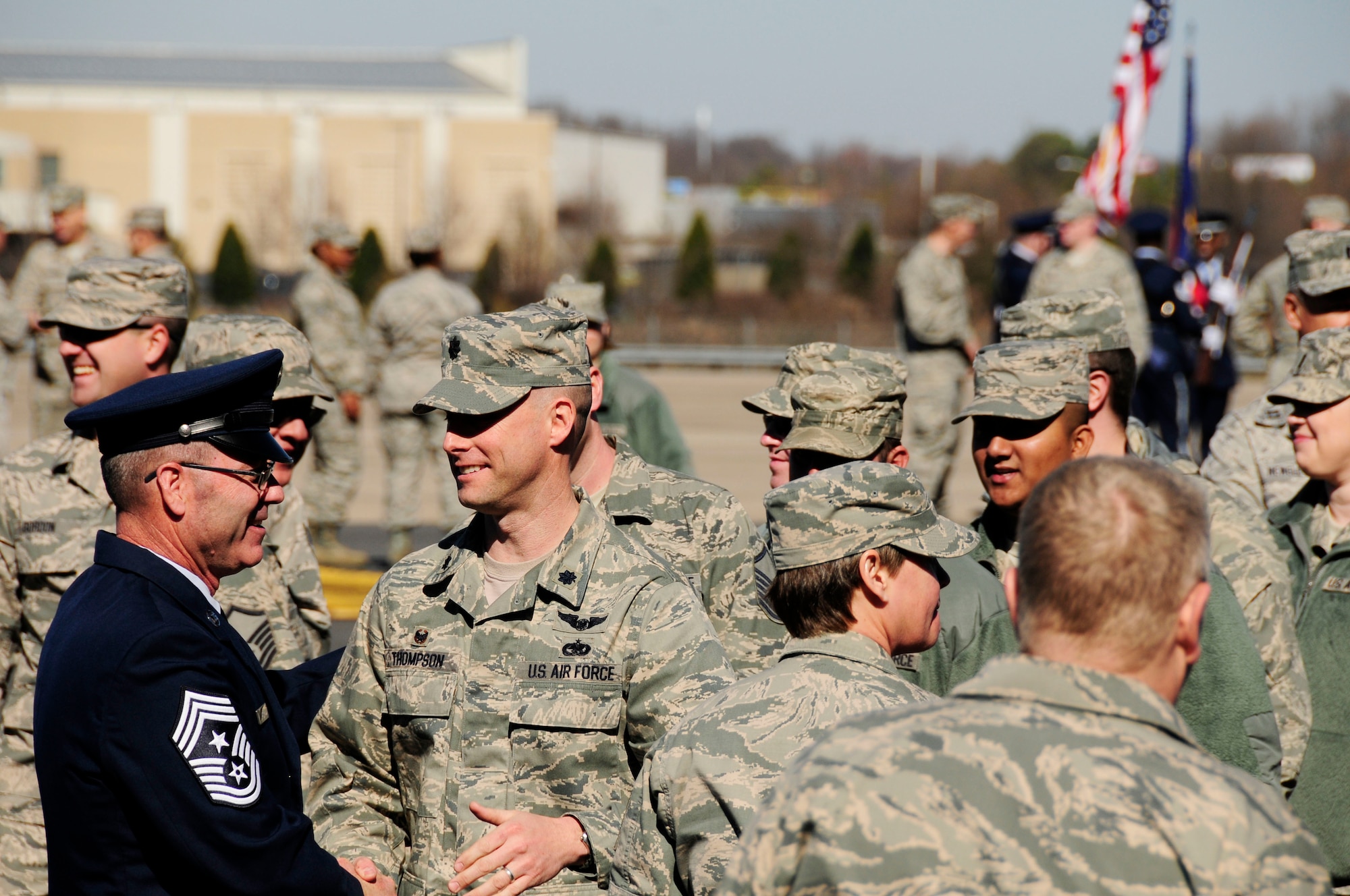 U.S. Air Force State Command Chief Master Sgt. Michael D. Stanley is congratulated by Lt. Col. Lee Thompson, commander, 145th Logistics Readiness Squadron, after a Change of Authority ceremony held at the North Carolina Air National Guard base, Charlotte Douglas Intl. Airport, Feb. 8, 2015. Serving 33 years in the military, Stanley takes on the responsibility of State Command Chief, the highest enlisted position in the North Carolina Air National Guard. (U.S. Air National Guard photo by Senior Airman Laura Montgomery, 145th Public Affairs/Released)